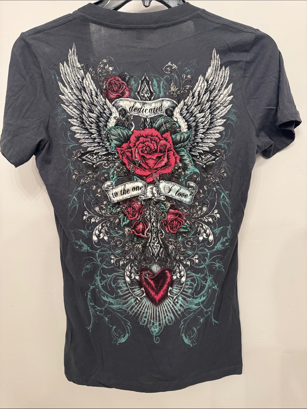 Butter Women's Black V-Neck Tee with Red Rose and Wing Graphic - Picture 2 of 3